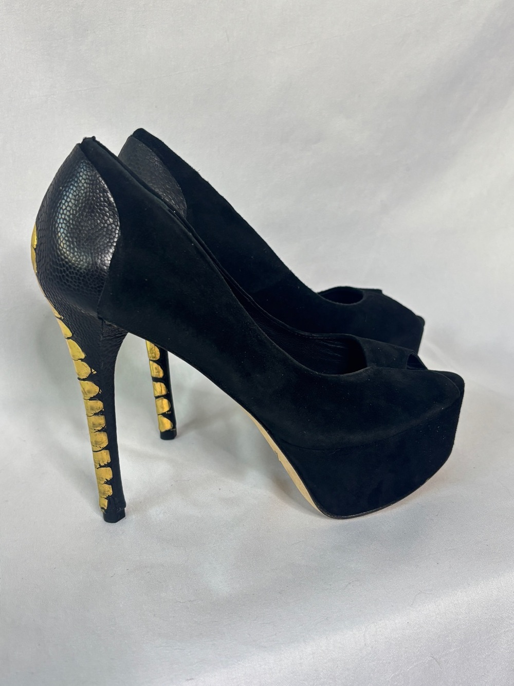 Brian Atwood suede‎ platform stiletto heels with black and gold statement detail
